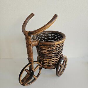Vintage Bamboo plant stand Wicker TRICYCLE Boho Planter Rattan Bike